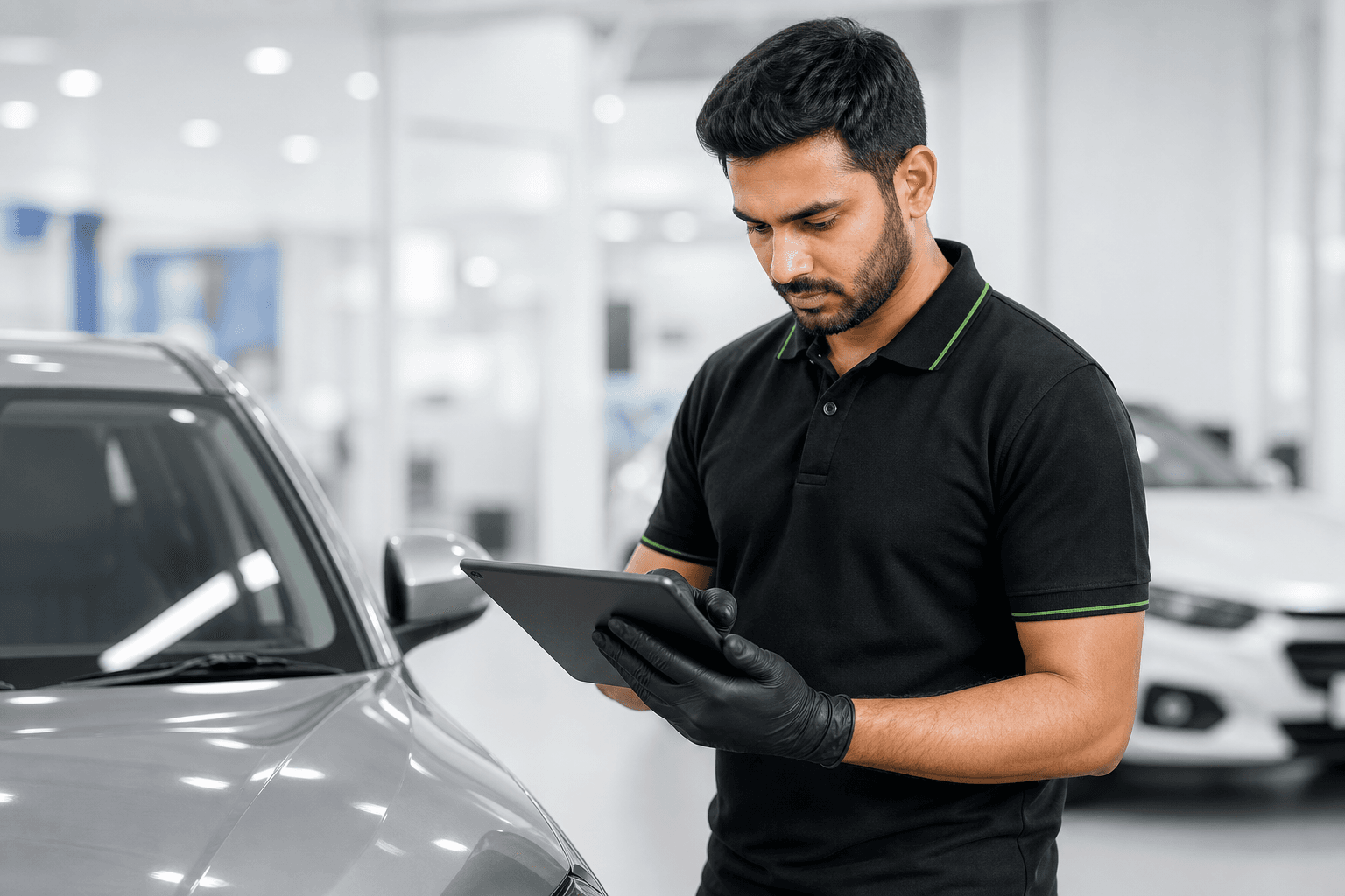 Vehicle inspector reviewing a car and documenting findings on a tablet.
